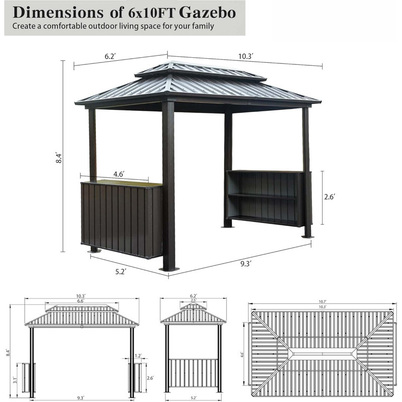 Pavillon de jardin à toit rigide 6X10ft, Brun