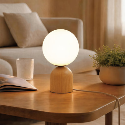 Lampe de table moderne en bois massif 9,84 "avec abat-jour globe en verre opale et gradateur certifié UL cULus pour la chambre à coucher, le salon, le bureau personnel ou la salle d'étude