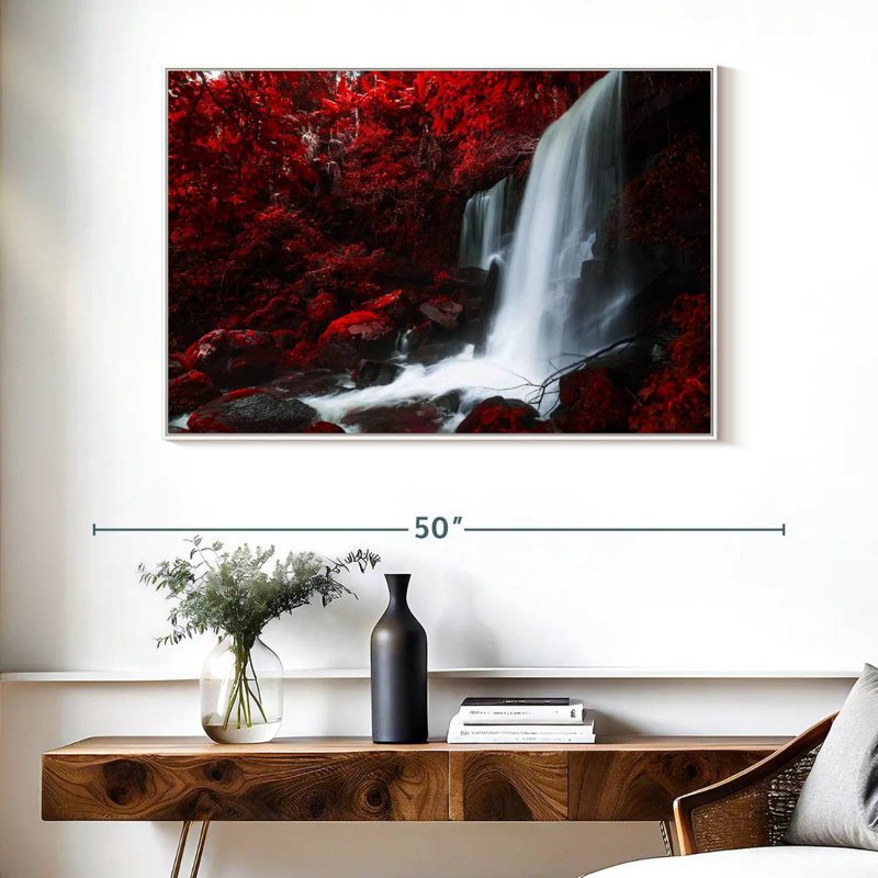 Chute d'eau rouge d'automne, Cadre flottant blanc, 40 po x 27 po