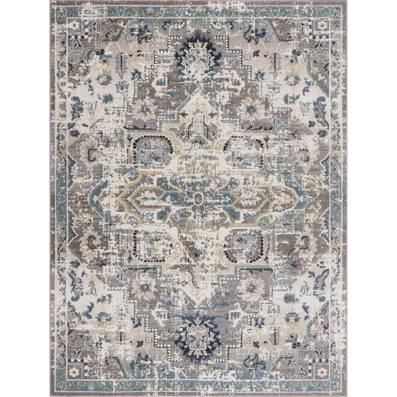 Tapis oriental en polyester tissé à la machine en gris, Rectangle 6 pi 7 po x 9 pi