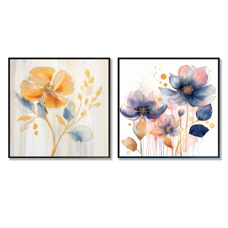 Blooms bleu et beige harmonieux - ensemble de 2 collages carrés abstraits, Cadre flottant noir, H 16 po x l 33 po