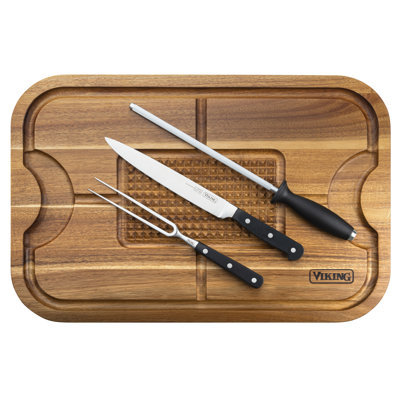 Viking Acacia Carving Board with 3-Piece Carving Set