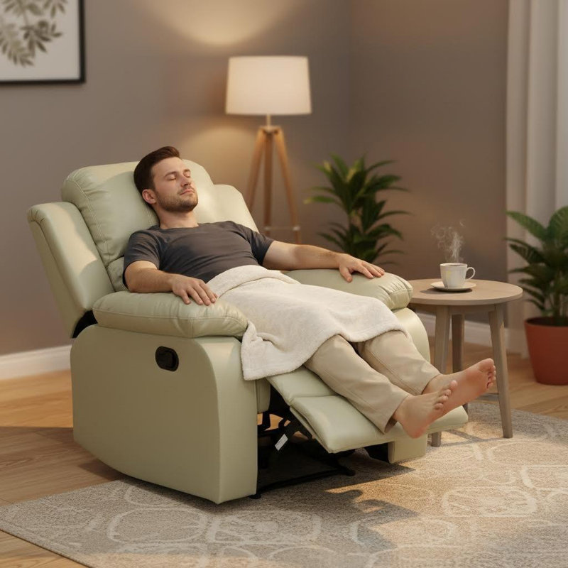 Canapé inclinable en cuir recyclé beige | Chaise de salon multifonctionnelle avec dossier réglable, structure en bois massif, revêtement en cuir respirant, conception ergonomique pour la détente à la maison