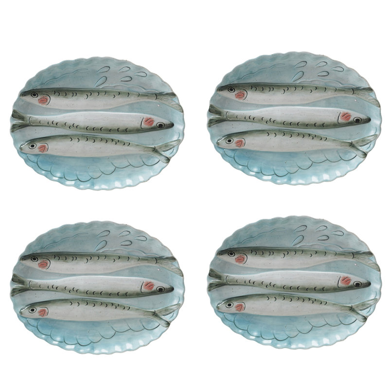 Assiette festonnée ovale en grès avec image 3D de poisson