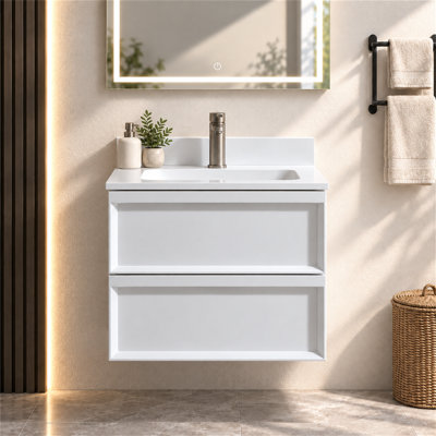 Meuble-lavabo simple mural 24 po avec comptoir en céramique, dosseret et 2 tiroirs à fermeture en douceur Lahni