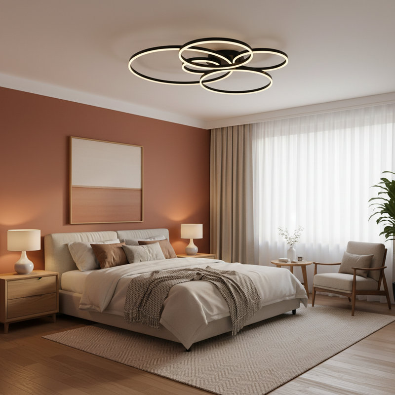 Jadiamond 6-Light 47.2 inch Modern Flush Mount Black Large Circle Ceiling Fixture with Remote Control, Black