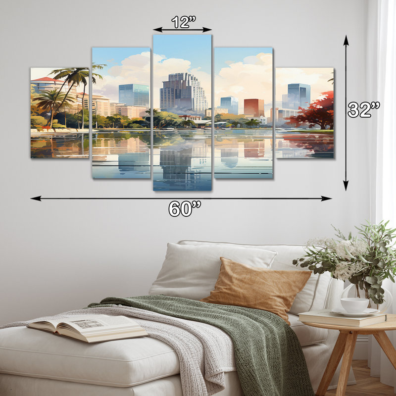«Skyline of Modern Florida City Watercolor», impression d'art mural de la Floride - 5 panneaux