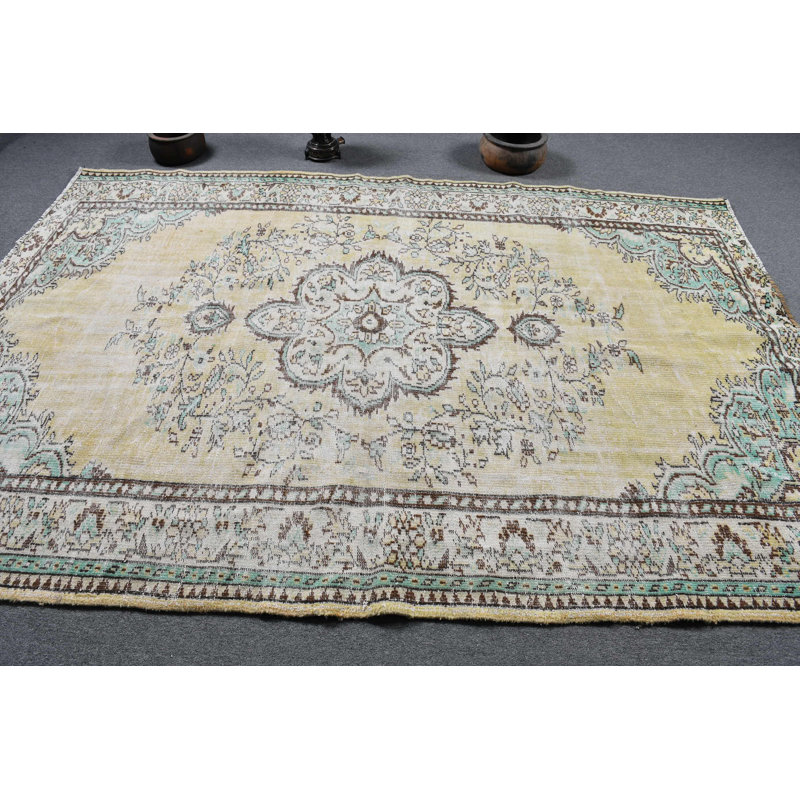 Tapis tribal jaune Oushak fabriqué à la main de style rétro Oushak jaune / vert