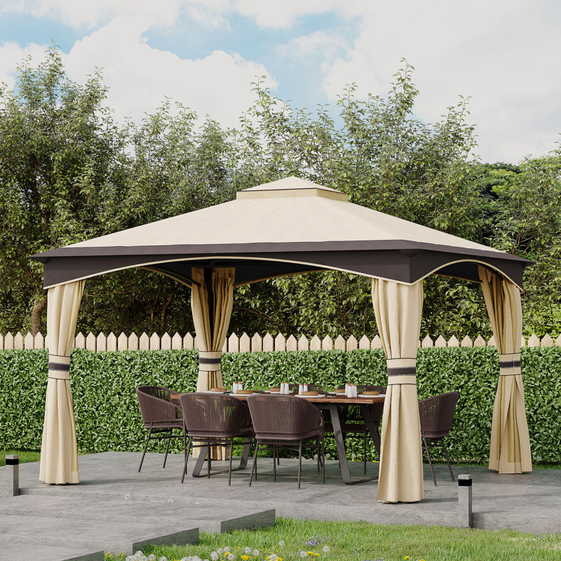 Pavillon de jardin extérieur 10,5 pi x 12 pi avec filets en filet pour l'ombre et la pluie, pavillon de patio avec toit souple à 2 niveaux et structure en acier