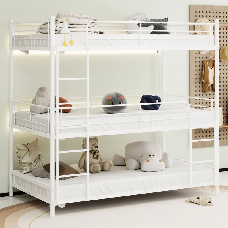 Structure de lit simple triple robuste avec caractéristiques intégrées, pour dortoir de chambre à coucher, blanc, sans ressorts, fer, lattes en métal avec garde-corps renforcés en continu à assemblage simple,