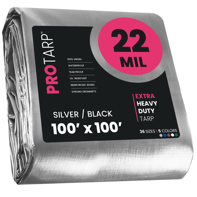 100 ft. x 100 ft. 22 Mil Heavy Duty Polyethylene Tarp, Waterproof, UV Resistant, Silver/Black