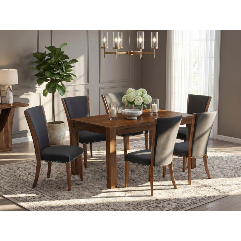 Ensemble de salle à manger 7 pièces comprenant une table de salle à manger rectangulaire en bois rustique et 6 chaises rembourrées en tissu de couleur noire, 36 x 60 pouces, naturel