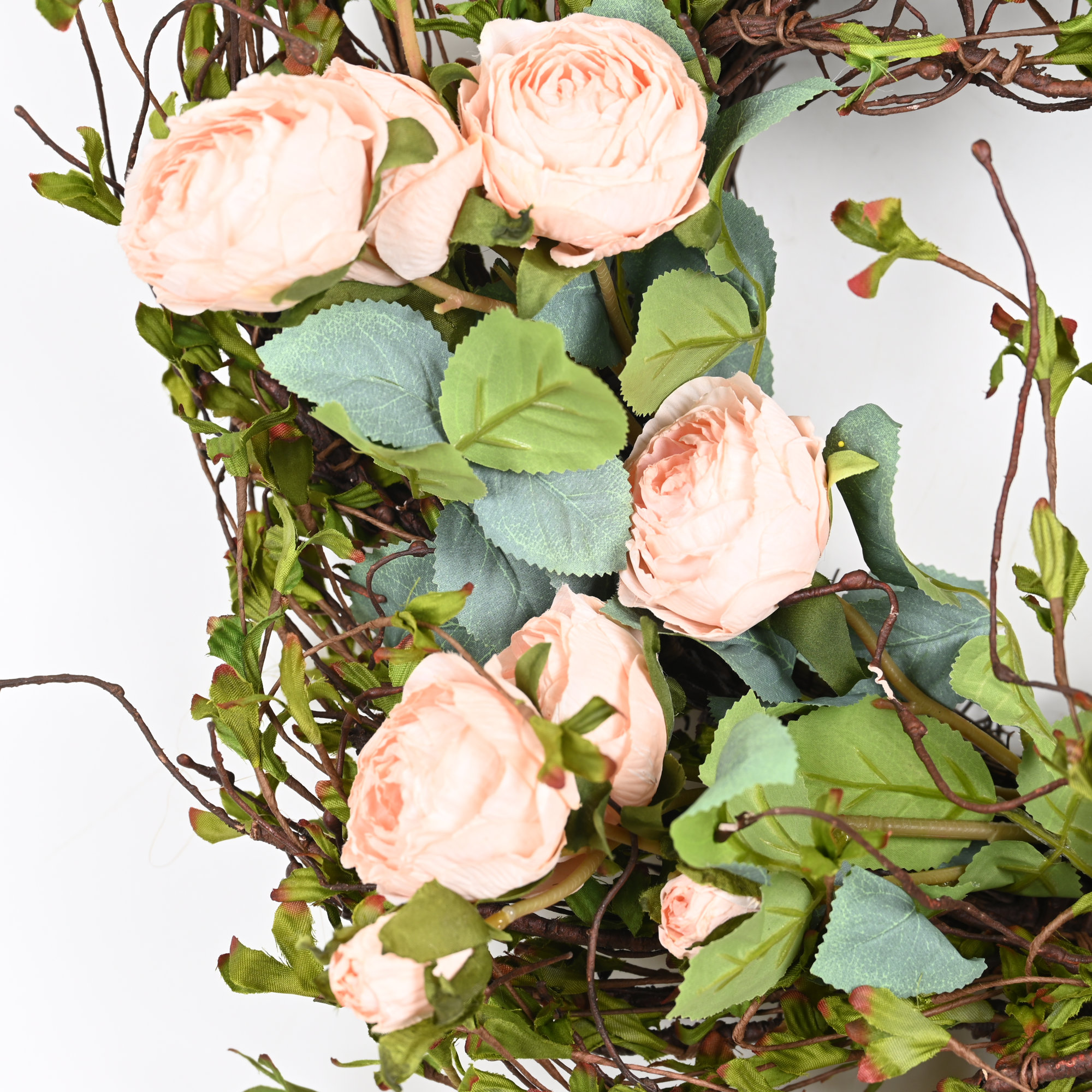 24" Artificial Farmhouse Spring Summer Rose Floral Wreath For Front Door Greenery Twig Home Wedding Party Wall Decor, Cream
