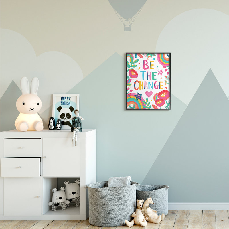 Be The change phrase étoiles et fleurs arc-en-ciel, H 20 po x l 16 po x P 1,5 po, Giclée encadrée noir minuit