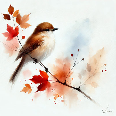 Autumn Bird with Vibrant Leaves Wrapped Canvas Wall Art