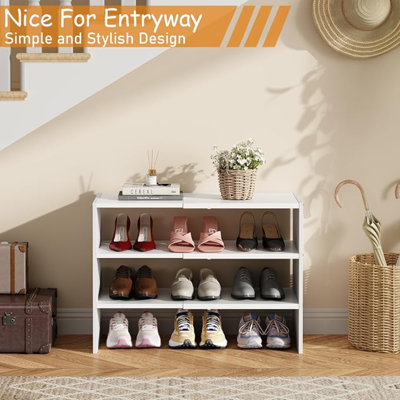 White Shoe Rack Organizer for Closet, 3-Tier Expandable Shoe Shelf, Stackable Iron Wood Combination Shoe Racks Shelves for Closets, Entryway,Small Spa