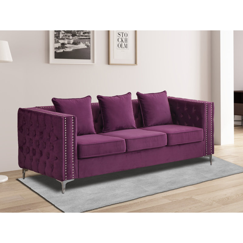 Vanida Charterhouse 86.4" Velvet Tuxedo Arm Sofa, Eggplant Velvet