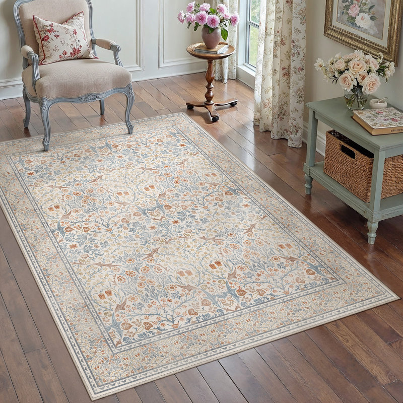 Tapis floral lavable à la machine avec envers antidérapant Alora, Beige, 0.28", Rectangulaire 3 pi x 5 pi