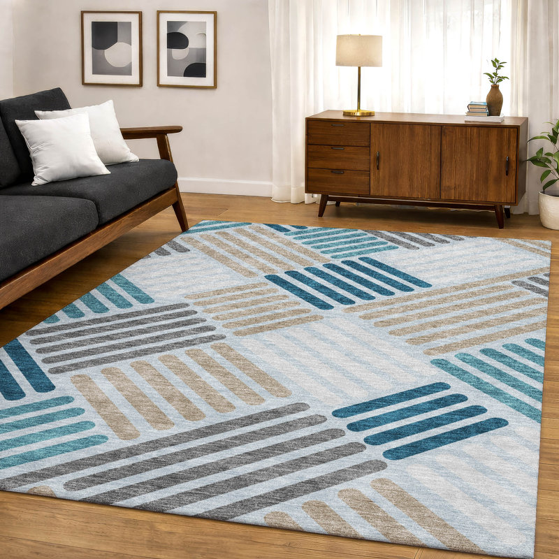Premium Machine Washable Mayfield AMF2339 Geometric Rug, Teal, 9' x 12'