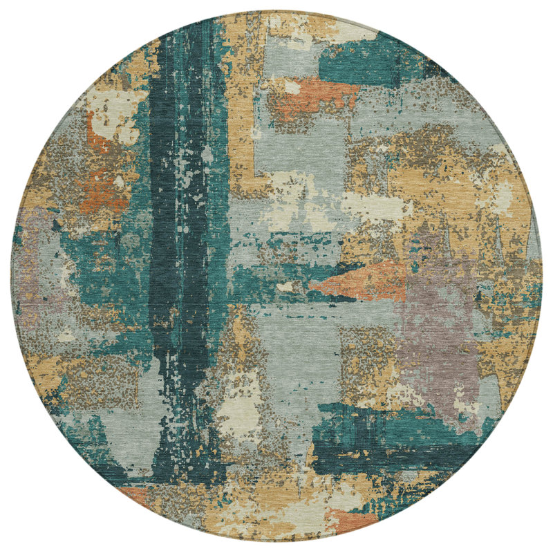 Machine Washable Indoor/Outdoor Husby ACN2212 Abstract Rug, Round 8'