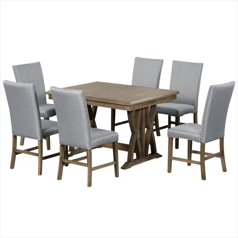 Ensemble de salle à manger 7 pièces Mid-Century extensible pour 6 personnes avec table en bois massif, 12 feuilles et chaises rembourrées gris doux