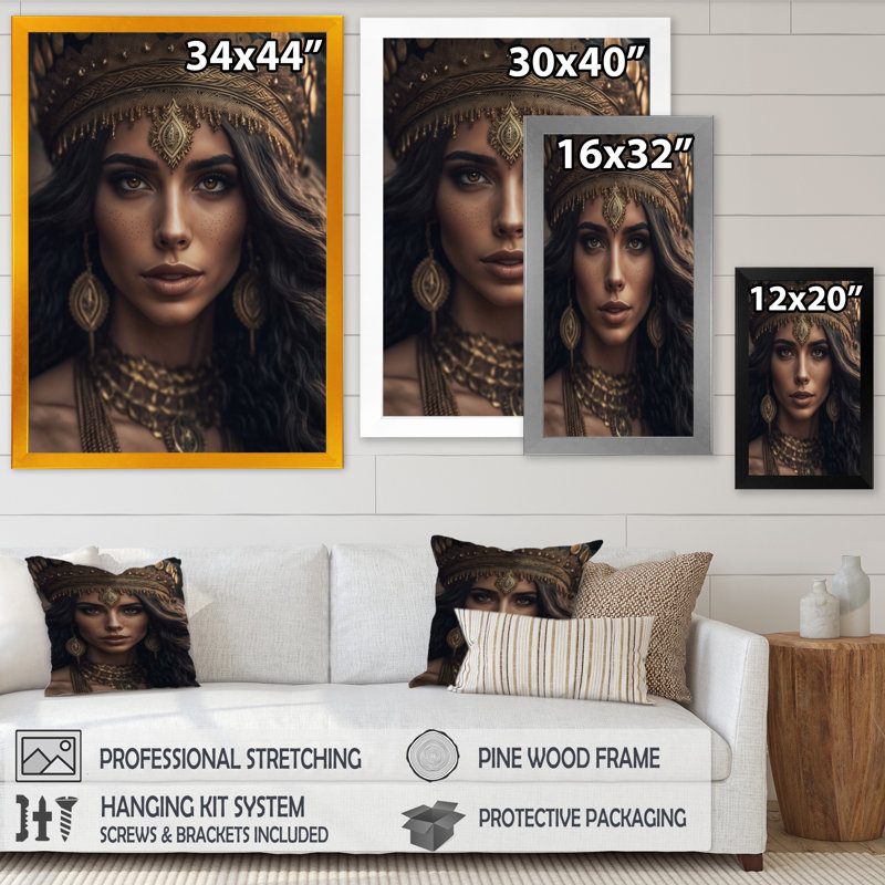Femme bohémienne avec collier doré III sur toile, H 32 po x l 24 po x P 1 po, Encadrement doré