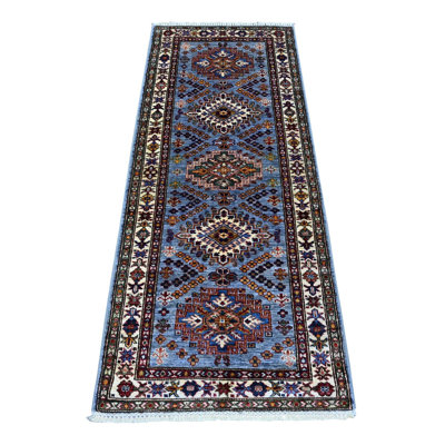 2'6" x 6'2" Glaucous Gray Hand Knotted Super Kazak Motifs Wool Runner Oriental Rug