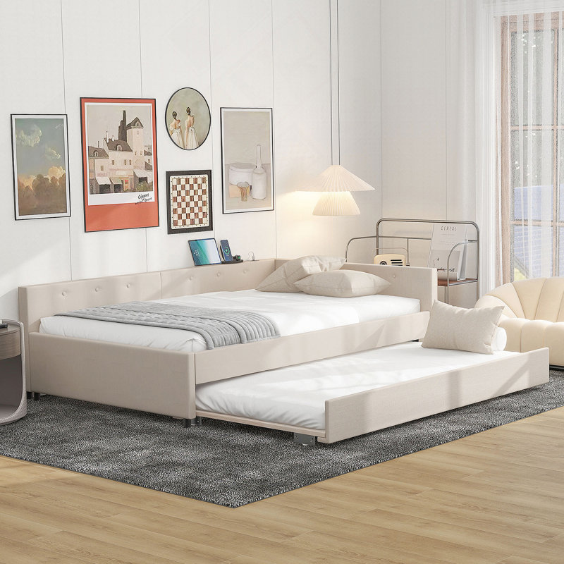 Lit plateforme tapissier avec port USB et lit gigogne simple, Complet/Double