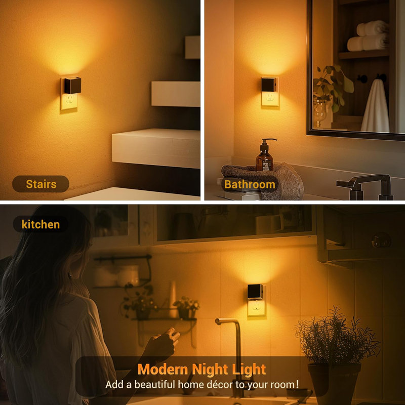 Night Light 2 Pack Plug In Wall Lights Dimmable With Light Sensor 1800K Amber Light Modern Nightlight For Bathroom Hallway Kitchen Decor