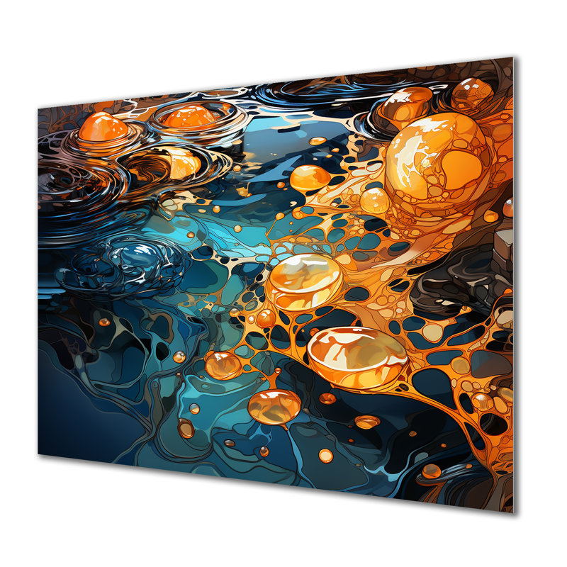 Orange et bleu rivière Serene Journey III - art mural abstrait à l'encre liquide en métal, H 24 po x l 32 po x P 1 po
