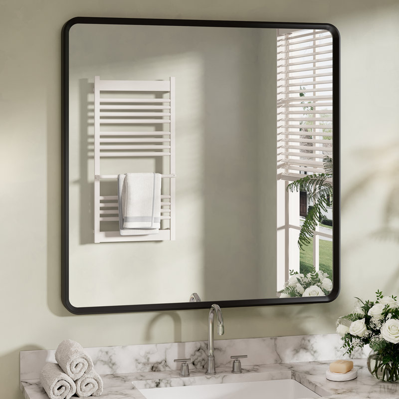 Molly Beveled Edge Metal Framed Tempered Glass Wall Mounted Rectangular Vanity Mirror, 36" x 36"