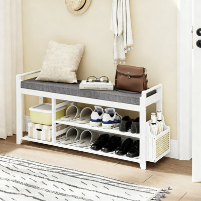 Banc de rangement à chaussures à 2 niveaux avec support latéral, banc d'entrée en bambou de 39,4 po avec coussin pour l'entrée principale, couloir, salon, chambre à coucher, 2 (blanc et gris foncé)