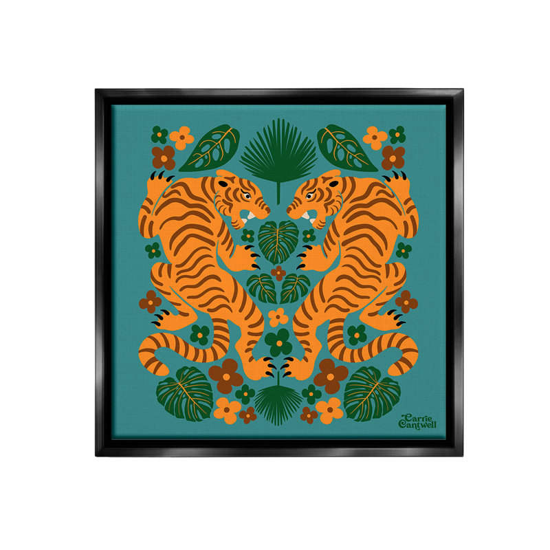 "Symmetric Tigers And Nature" par Carrie Cantwell sur toile, Cadre flottant noir de jais, H 18 po x l 18 po