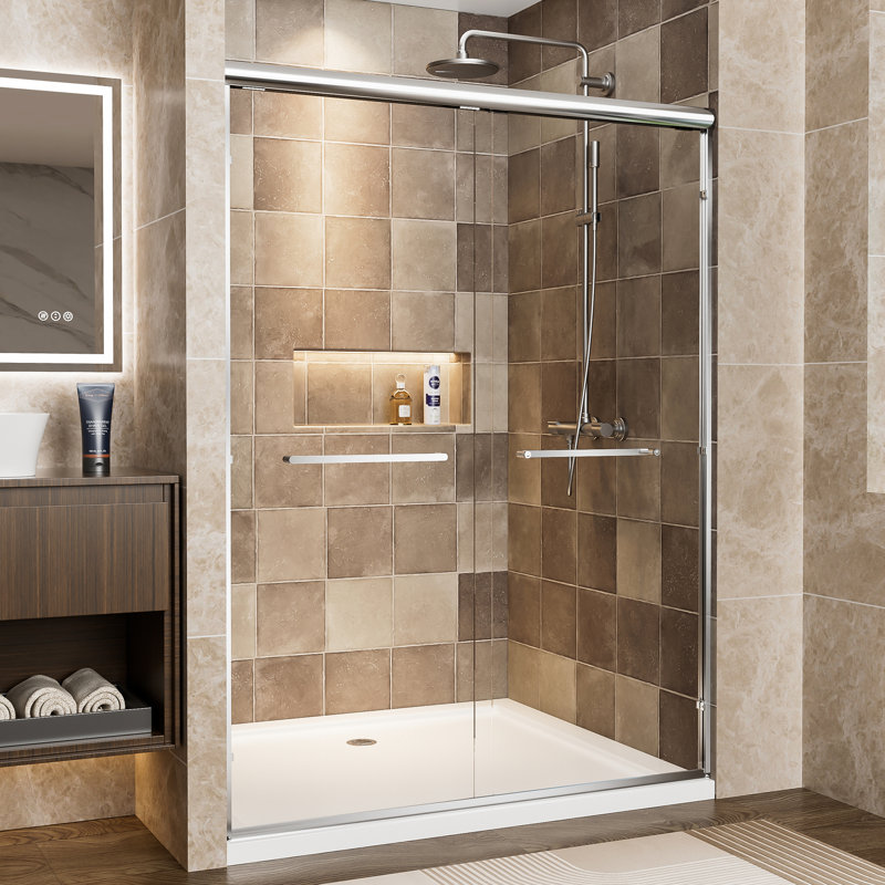 Aluminum Frame 54" Wide And 72" High Double Sliding Shower Door With 1/4" Clear Tempered Glass, - Proof Film, Easy To Install, Corrosion Handles, Waterproof In Bathroom Width, Shatter Dual Stainless