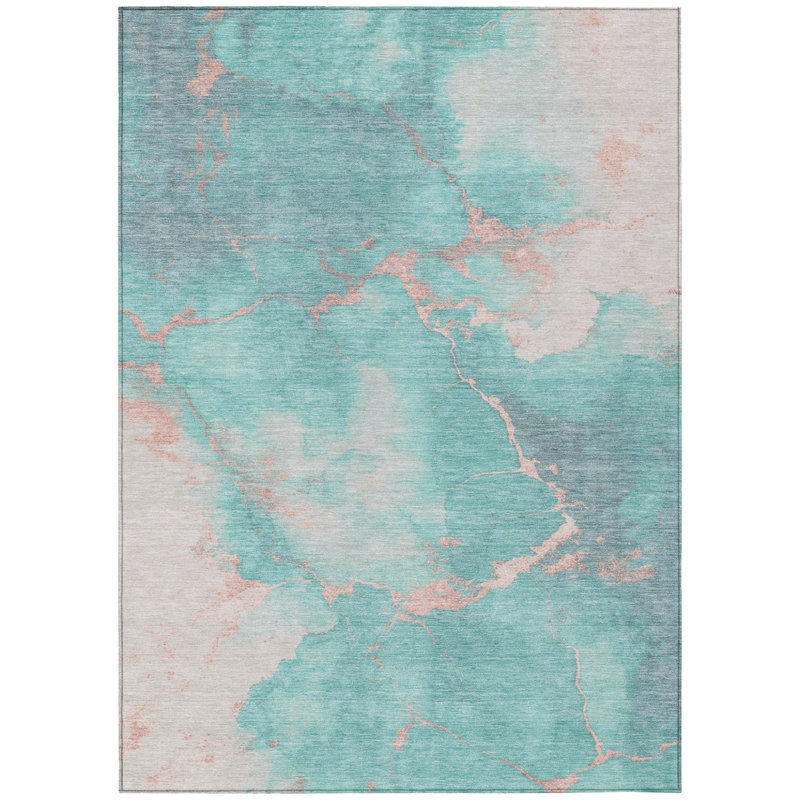 Tapis extérieur lavable abstrait bleu sarcelle pêche / ivoire 3 pi x 5 pi
