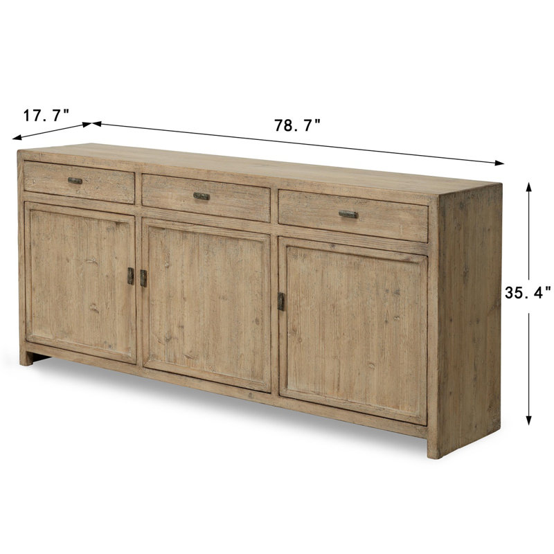 Approx. 79" Rustic Natural Wood Sideboard–3 Drawers & 3 Doors Weathered Natural