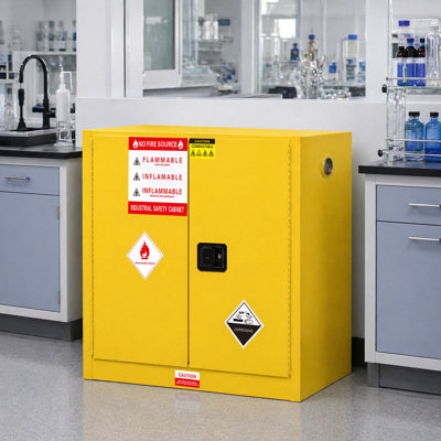 Armoire de sécurité inflammable 30 gallons, l 43 po x P 18 po x H 44 po, armoire de rangement liquide en acier laminé à froid, 1 tablette, 2 portes à fermeture manuelle pour usage industriel, jaune
