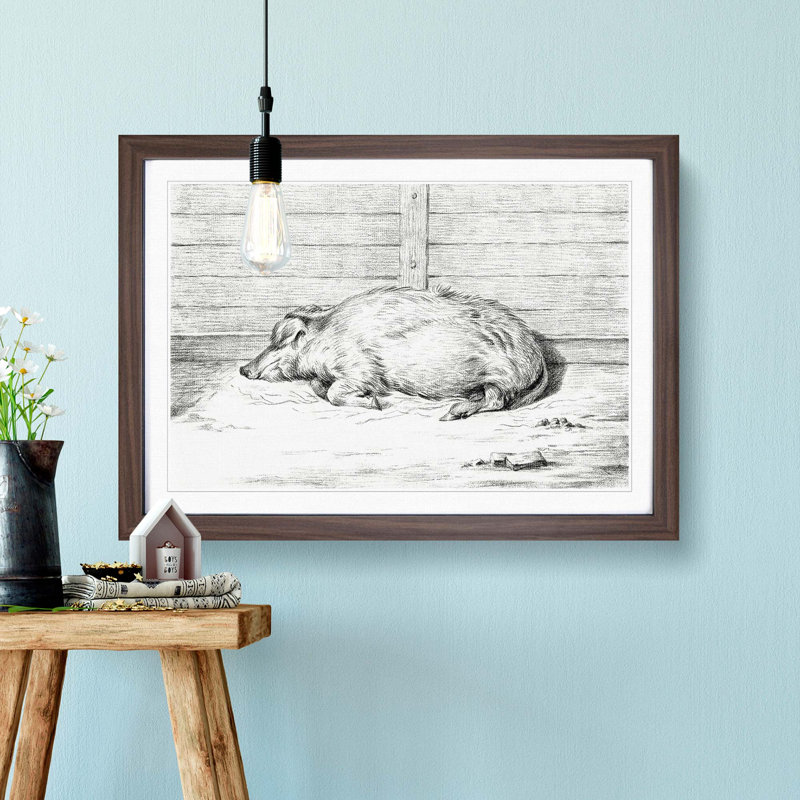 A Sleeping Pig by Jean Bernard - Framed Print, 45cm H x 63cm W x 2cm D, Walnut Framed