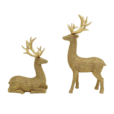 Résine, ensemble de 2 cerfs tissés dorés, figurines, or, résine, plateau de table, salon, Noël, décoration de Noël