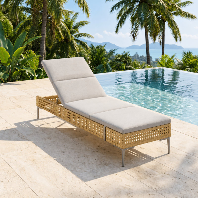 Chaise longue d'extérieur en osier avec coussins
