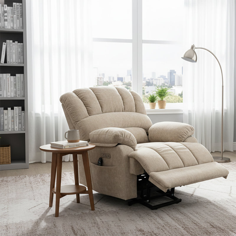 Large Size Power Chenille Upholstered Recliner Chair with Lift Base and Massage Heating Function, Beige