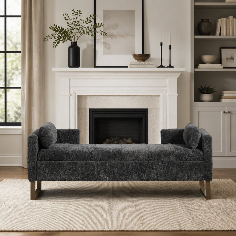 Banc de rangement 63,98 "à boucles gris anthracite, avec accoudoirs et dossier, pieds en métal noir pour le vestibule de la chambre à coucher du salon