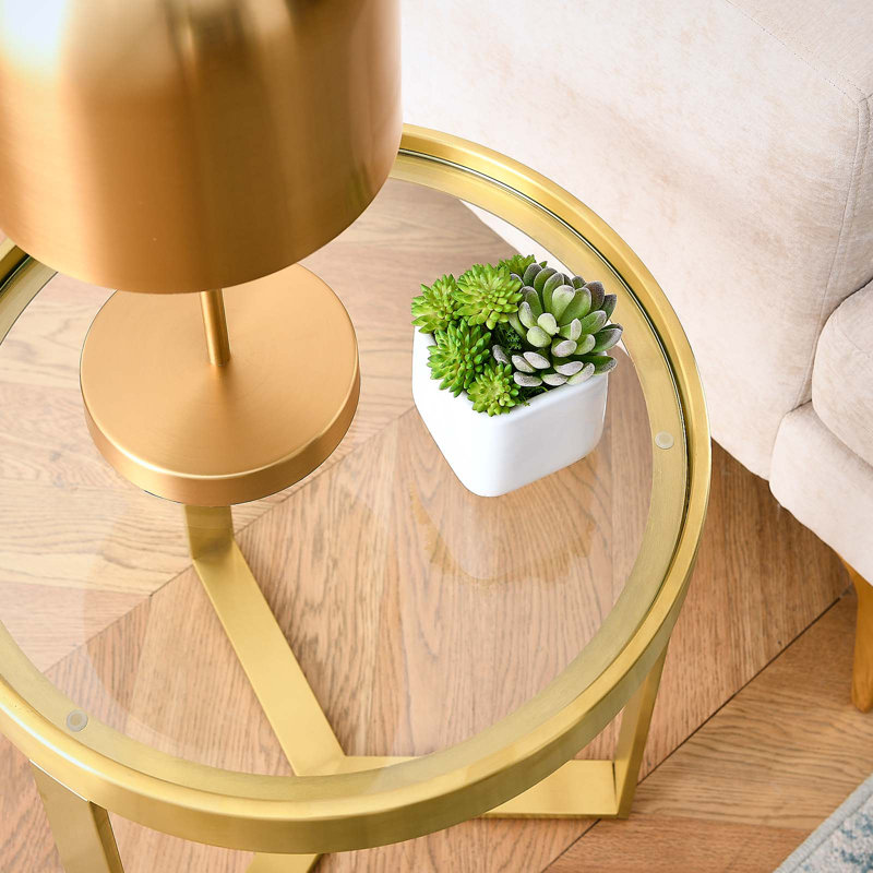 Gold Round Metal and Glass Side Table