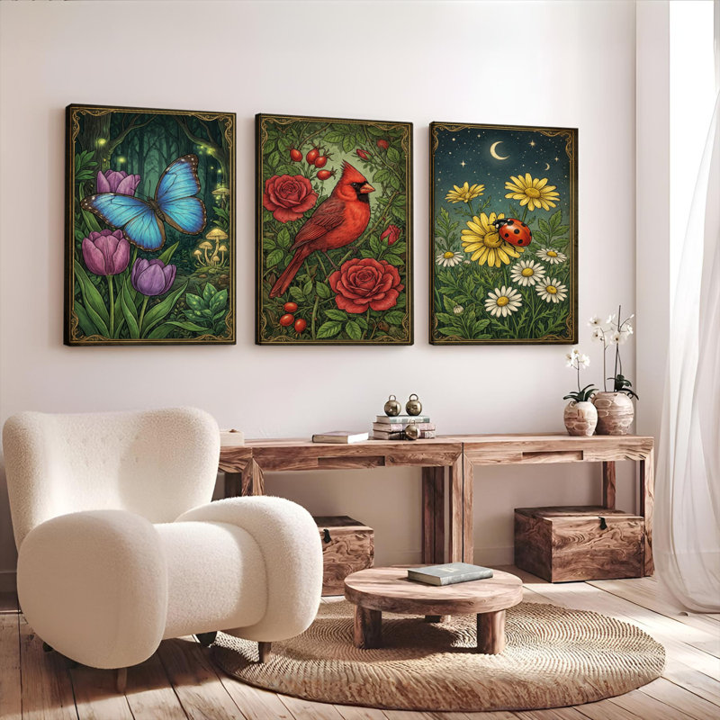 Ensemble de 3 tableaux sur toile tendue représentant des papillons, des tulipes, des roses cardinales, des coccinelles et des marguerites