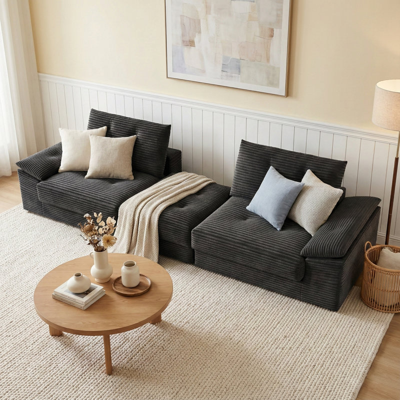 L-Shape Modular Sectional Sofa with Ottoman – Deep Seat Corduroy Sleeper Couch, Cloud-Soft All-Foam Design (No Assembly), Removable Washable Covers, Black