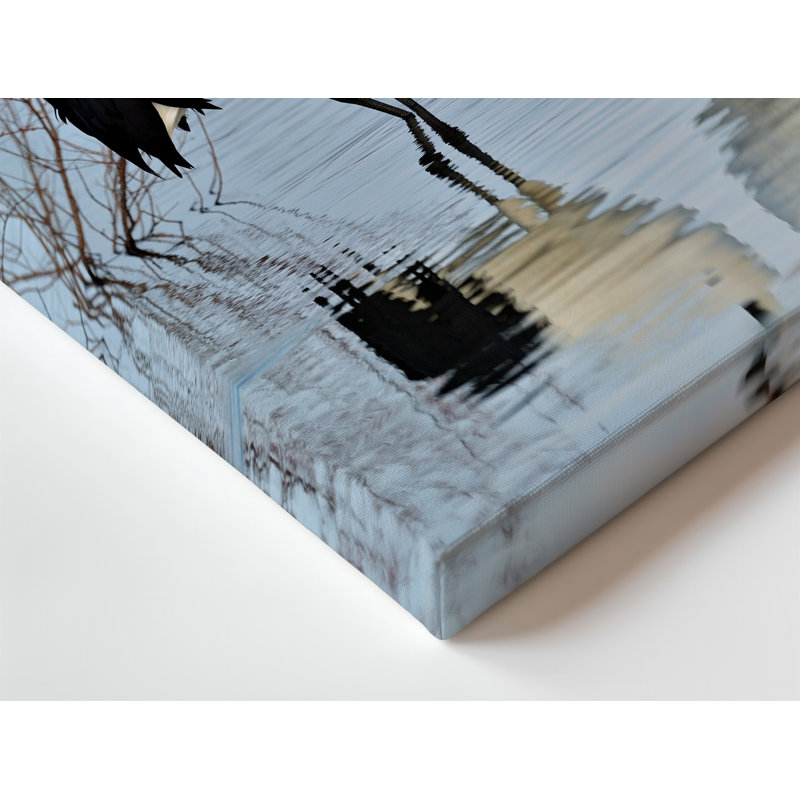 Toile, scène d'hiver sereine avec deux grues élégantes debout gracieusement, art mural en eau peu profonde, reflets sur toile