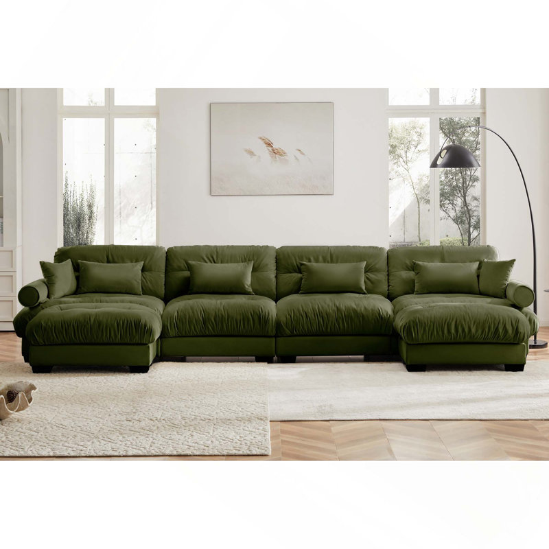 Canapé modulaire en U à 4 places avec 2 repose-pieds et coussins pour un salon confortable et polyvalent, Vert olive