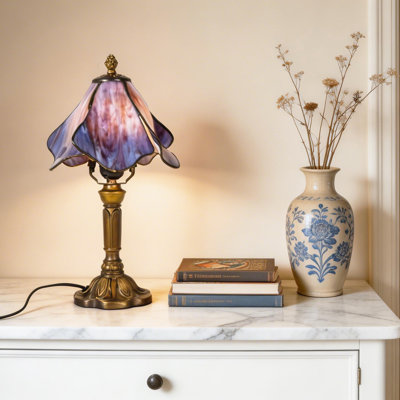 14 Inch High Tiffany Flower Style Table Lamp, Multicoloured Art Stained Glass Desk Light With Creativity Coloured Glass Leaves Design
