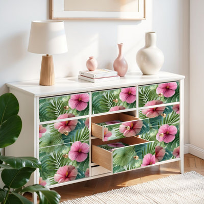 Papier peint auto-adhésif à motif d'aquarelle Hibiscus tropical Monstera à motif d'aquarelle autocollant et amovible 17,7 po x 118 po (45 x 300 cm)
