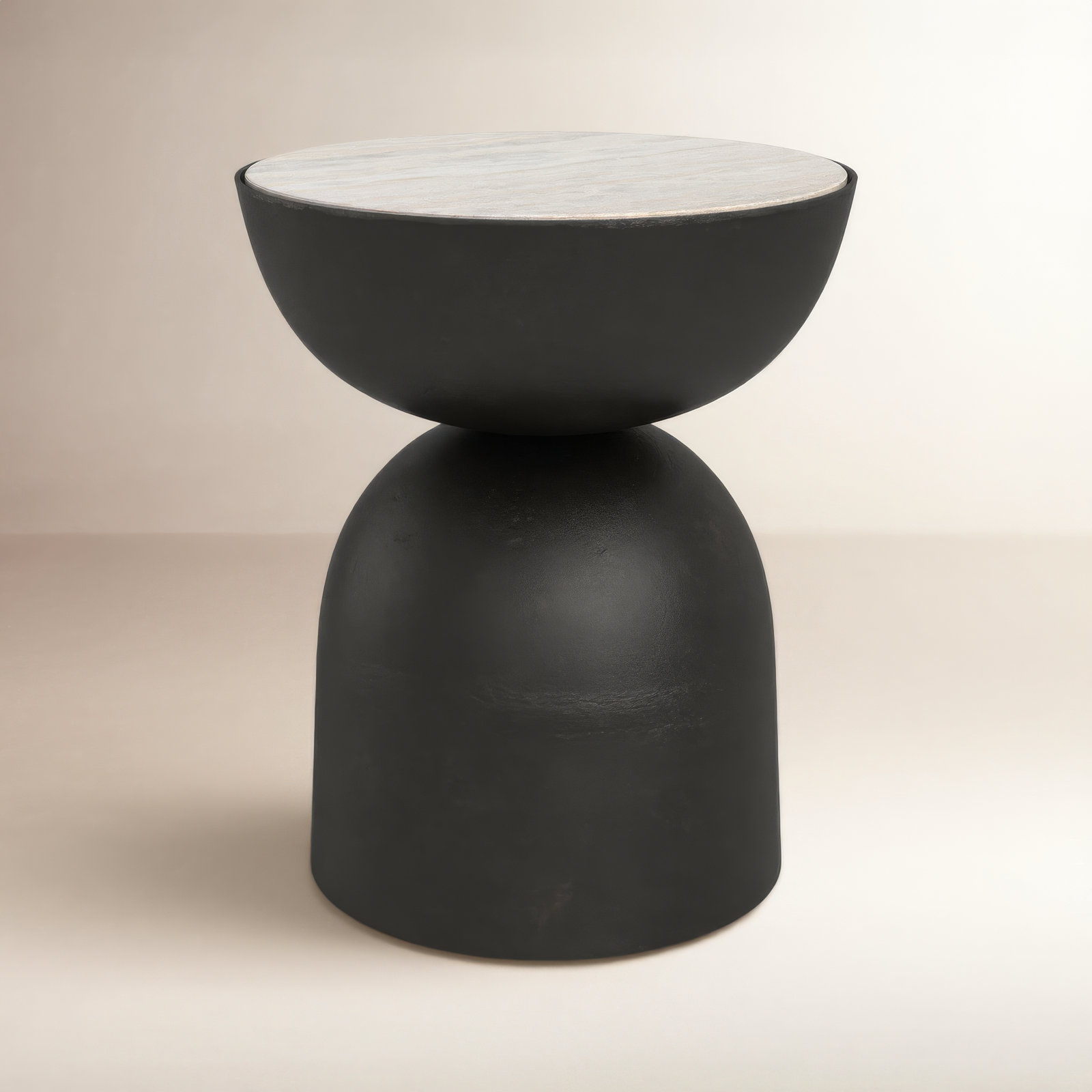 20" Genuine Marble End Table, Creamy Taupe Marble, Hammered Gray